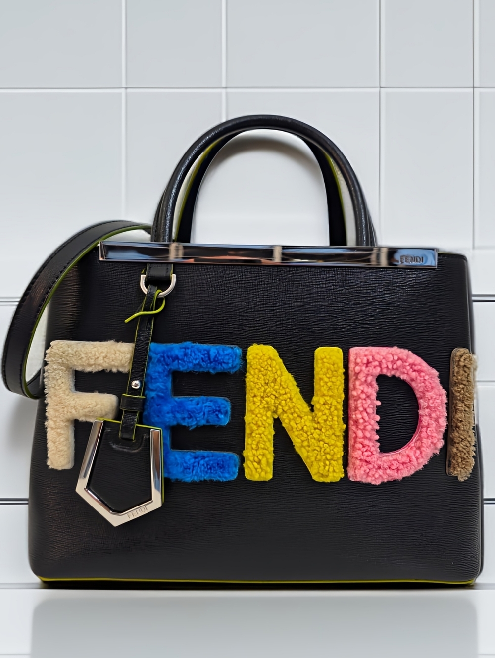 Fendi 2Jours Black Leather Tote Crossbody Bag Multicolor Shearling Logo